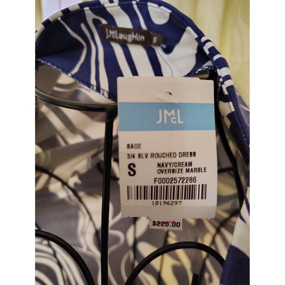 NWT J.McLaughlin Sage 3/4 Slv Marble Print Navy Blue White Cream Rouched Dress